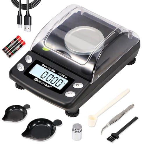 UNIWEIGH Digitale Milligramm-Waage,feinwaage 0.001g/50g,Präzisions-Mg-Waage für Pulver,Gold,Schmuckwaage,Mikro-Gramm-Waage mit 6 Einheiten,Tara,Cal Weight, Taschenwaage mit USB&Batteriebetrieb