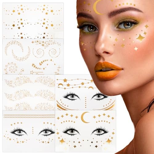 BETESSIN 6Blatt Temporäre Tattoos Gold Gesicht Tattoo Mond Sterne Festival Tattoos Glitzer Flash Tattoo Makeup Aufkleber Gesichtstattoos Karneval Fasching Party Körperkunst