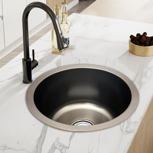 KEESUNG Edelstahl Rund Küchenspüle 36cm, Einzelbecken Campingspüle Aufsatzspüle Spüle Einbauspüle Spülbecken mit Abtropffläche für Wohnwagen, Toilette, Küche
