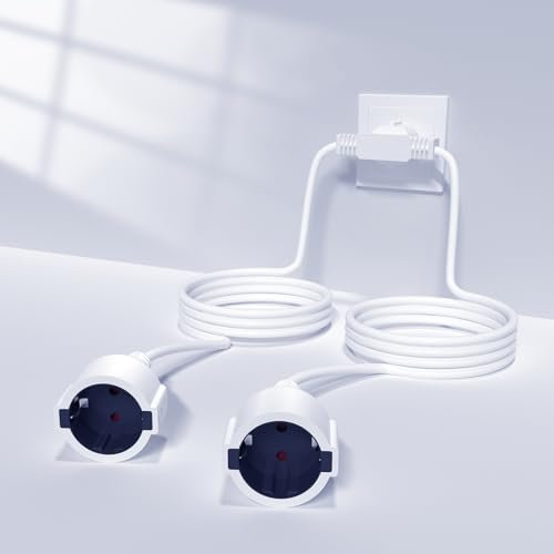 BrightArk 2M Cavo di Prolunga con 2 Prese Schuko 16A/250V Doppia Spina per Presa 2 in 1 Prolunga per Spina Europea con Scomparti di Protezione per Bambini, per esterni, casa, ufficio, Max 4000W