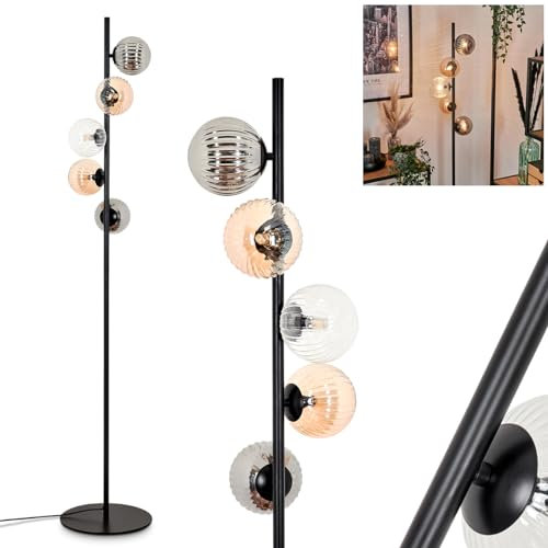 Lampadaire Remaisnil, lampadaire en métal/verre cannelé noir/ambre/clair/fumée,design rétro/vintage, abat-jour en verre (Ø 12 cm) et interrupteur à pied, hauteur 160cm, 5x G9, sans ampoule