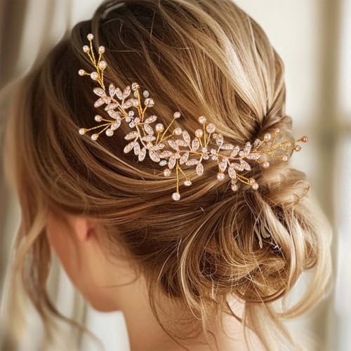 Reaky Bridal Perlen-Haarranke, goldene Braut-Haarranke, Kristall-Hochzeits-Stirnbänder, Blatt-Braut-Kopfschmuck für Frauen (Gold)