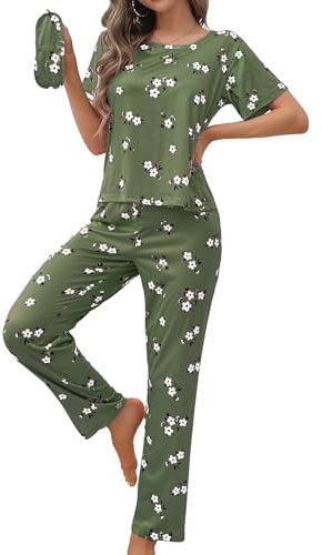 Bunanphy Pyjama Sets for Women Short Sleeve Floral Homewear Ladies Comfy Nightwear Comfort Loungewear Green #A Large