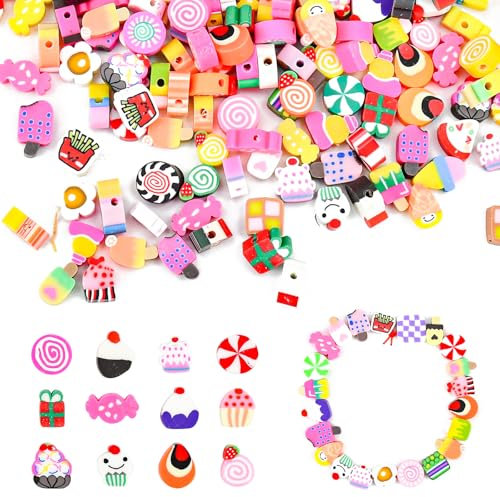 LYTIVAGEN 200 Stück Tonperlen zum Auffädeln Polymer Clay Beads Süßigkeiten Bastelperlen Weiche Keramik Schmuckperlen Süßigkeiten Armband Perlen Bunte Ton Fädelperlen für DIY Armband Halskette Ohrringe