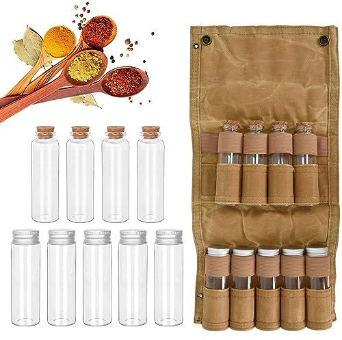 Dokeno Tragbare Gewürztasche mit 9 Gewürzgläsern, Gewürzflaschenhalter, Gewürzbehälter Outdoor, Gewürz-Aufbewahrungstasche, Camping Gewürzset, Gewürzgläser mit Tasche für Wandern, Picknick, Camping
