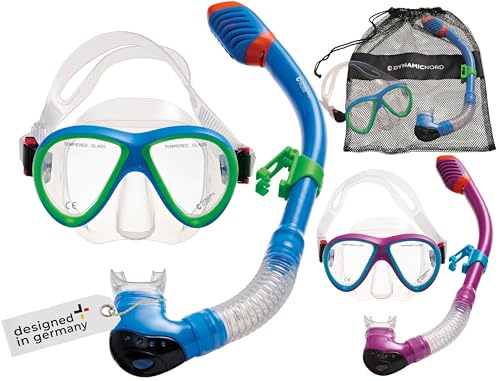 DYNAMICNORD La Gomera Pro Junior Kinder Schnorchelset Premium – Tauchmaske mit großem Sichtfeld & Sicherheitsglas, Dry Top Schnorchel mit Ventil, inkl. Tasche, ideal für Urlaub & Meer