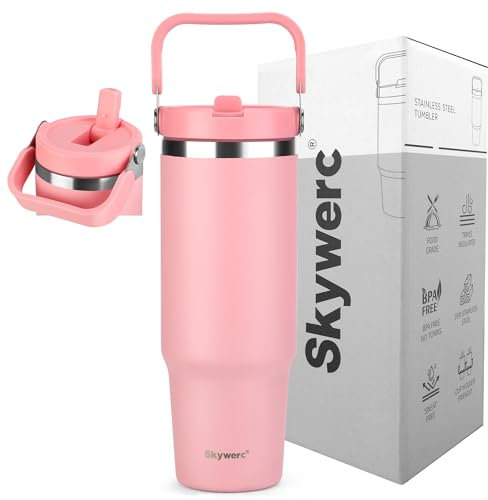 30 oz Tumbler with Handle | Vacuum Insulated Water Bottle with Lid and Flip Straw | Stainless Steel Travel Coffee Mug Reusable Thermal Cup | Keeps Cold for 30 Hours | Gifts for Women Mom Her | Pink