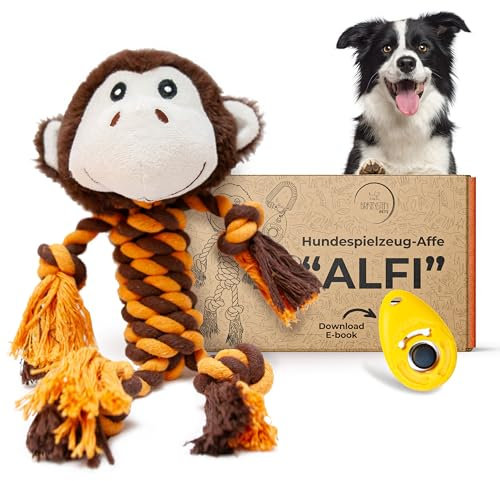 Birkenstein® Hundespielzeug - AFFE ALFI, Hundespielzeug OHNE Quietschen für Welpen, kleine und mittelgroße Hunde, Kuscheltier-Spielzeug inklusive Clicker