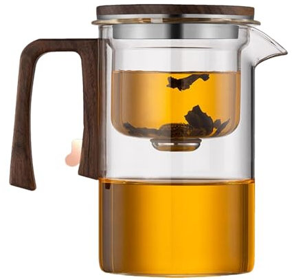 Teiera in vetro, teiera in vetro con infusore, bollitore con colino, con filtro magnetico a un pulsante, teiera in vetro separata con manico in legno, per area di lavoro e sala da tè