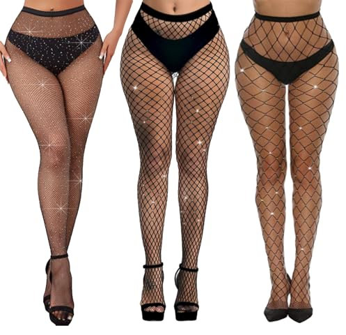 QSZHSL 3 Pares Medias Rejilla Mujer, Medias de Rejilla de Strass Mujer Medias Brillantes, Mujeres Medias de Red Brillante Pantythose Medias Sexy Pedrería, para Fiestas, Bailes, Halloween