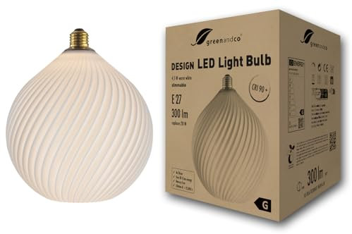 greenandco LED Design Lampe weiss | Wellen | dimmbar | E27 | 4,5W 300lm | 3000K warmweiß | CRI 90+ | flimmerfrei | 180° | 230V | nachhaltiges PLA | biologisch abbaubar | 187 * 224mm
