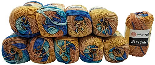 500g Strickwolle Ilkadim Export Jeans Crazy mehrfarbig mit 55% Baumwolle, 10 x 50 Gramm Baumwoll-Strickgarn mit Farbverlauf (blau mint braun 8207)
