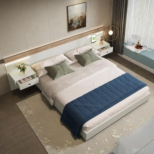 Lit 140x200 Avec Lattes, Tête de Lit et Rangement - Coffre, 2 Tables de Nuit LED, Prise USB - Cadre Simple Capitonné en Chêne Blanc (Sans Matelas)