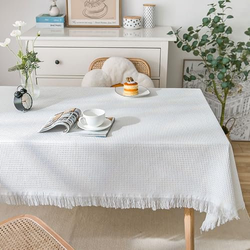 Tischtücher Stoff, Quadratische Tischtücher Staubdichte und schrumpffeste Tischdecke mit Quaste für die Tischdekoration in der Küche, beim Essen und Picknicken, Weiß-Stil2, 90x90cm