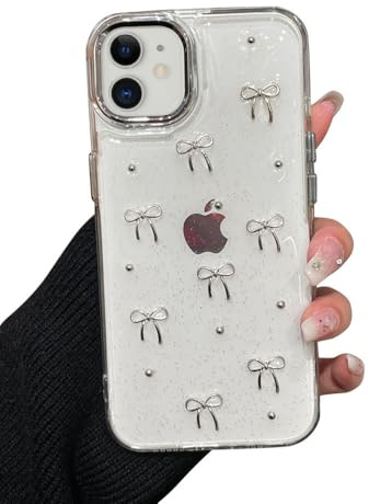 EYZUTAK Handyhülle für iPhone 12/iPhone 12 Pro, Funkelnde 3D Bowknot Telefon Hülle Nette Glitzend Kristall Klare Schleife Design Case Schlank Weich TPU Transparente Schutzhülle - Silberne Fliege