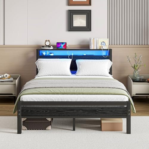BORPHOM Cadre de lit Double en métal, avec Station de Charge, éclairage LED, 140 x 200 cm, Cadre de lit en métal, lit d'adolescent, avec sommier à Lattes, tête de lit en Noir, pour Chambre à Coucher