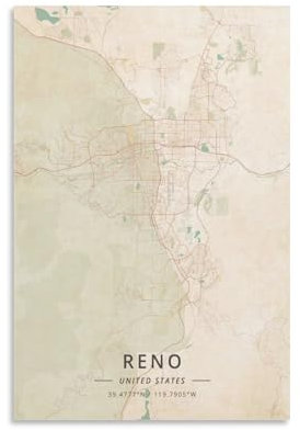LZTEN Reno Poster mit Karte der Vereinigten Staaten, Vintage-Druck, Leinwand, Poster, Wandkunst, Schlafzimmer, Büro, Raumdekoration, Geschenk, ungerahmt, 30 x 45 cm