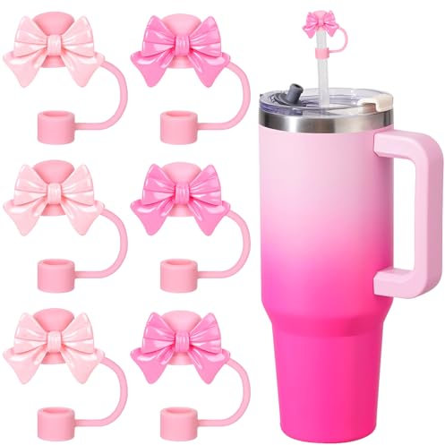 6pcs Straw Covers Cap for Stainly Cup Dust-Proof Silicone Pink Bow Straws Toppers Reusable Tips Accessories Suitable for 30oz & 40oz Straw Lid Covers, Stanley Cup 9-10MM (Pink Bow-6-Pack)