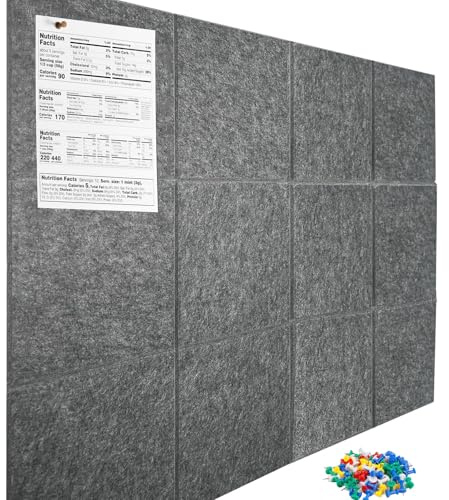 Bacheca in sughero grande, in feltro con linguette adesive rimovibili, bacheca da parete con spilli, per ufficio, casa, lavagne in sughero per foto, promemoria, grigio scuro, confezione da 12