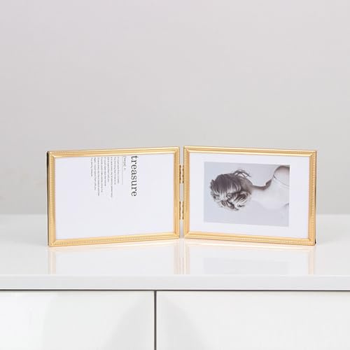 KnSam Cadre Photo Double, 10x15cm, Horizontal, Cadre Photo en Métal Doré, Verre Ultra Clair Moderne
