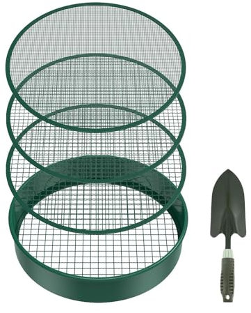 Gartenerd-Sieb-Set – Gartenkompostsieb | Metall-Bodensieb mit 4 Maschensieben & Schaufel | Pflanzsieb für Sand, & Blumenerde, Gewächshaus, Ackerland & Außenbereich