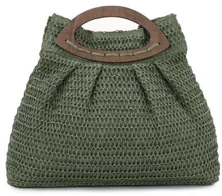 Ynport Crefreak Bolso de Paja para Mujer - Bolso de Mano de Playa de Verano Tejido Bolso de Paja de Viaje con asa de Madera para Vacaciones de Fiesta