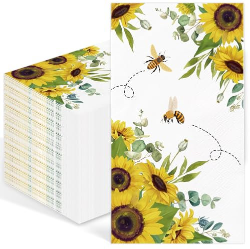 50 Stück Sonnenblume Papierserviette, Sonnenblumen Deko Servietten, Servietten Blumen, Sonnenblumen Gelbe Blütenblätter für Hochzeit Jahrestag, Gartenparty, Sommerdeko, Geburtstagsdeko, Babyparty