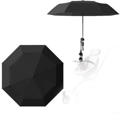 Jonikuper Parasol pour poussette avec protection UV UPF 50+ dispositif de fixation à clip, grande couverture avec sac de transport pour une utilisation en extérieur (noir)
