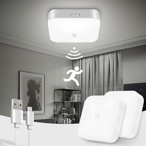 Toowell 10000mAh Battery Ceiling Light Rechargeable Motion Sensor Lights | Indoor Battery Operated Shed Light Bathroom Light Waterproof Porch Lights for Bathroom Garage Shed Loft Hallway Stair,2 Pack