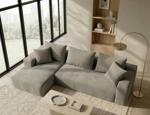 Galyar Chic, Modulares Ecksofa mit Schlaffunktion aus komprimiertem Schaumstoff, 3-Sitzer L-Form Couch mit Hocker, Lieferung ohne Montage (Cordstoff in Hellgrau, Rechts Chaiselongue)
