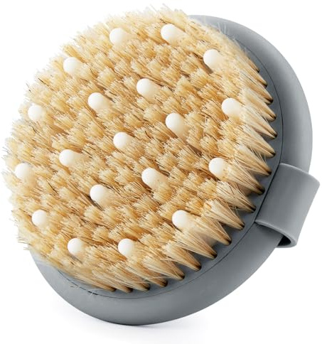Dry Brushing Body Massage Brush - Natural Boar Bristle Exfoliating Scrubber with Massage Nodes for Lymphatic Drainage, Blood Circulation, Cellulite Improving Skin Health for Women Men Elderly(Grey)