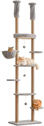 Quuzee Floor to Ceiling Cat Tree, 7 Tiers Cat Tower, Adjustable 234-258cm with Hammock, Platforms and Fully Sisal Scratching Posts for Indoor Cats, Light Grey