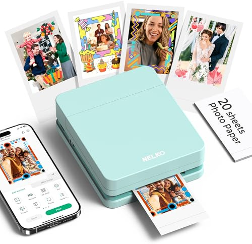 Nelko Fotodrucker PP01 Farbe Tragbarer Mini Fotodrucker für Smartphone mit 20 Fotopapier, Tintenstrahl Aufkleber Drucker, Sticky Back Fotos für iOS & Android, Smart AI APP, Grün