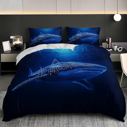 Meer-Walhai-Muster Bettwäsche Set 135x200 cm 3 Teilig, Weich Mikrofaser Blau Bettbezug und 2 Kissenbezüge 80x80, Kein Bügeln und Verblasst Nicht Bettbezüge Set Für Familien, Kinder