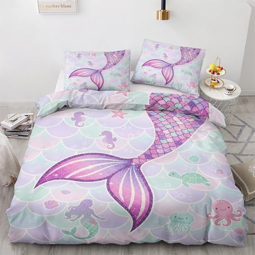 Bettwäsche 135x200 Meerjungfrau - Süße Meerjungfrau Bettbezug 135x200 2 teilig, Wendebettwäsche und Kissenbezug, Weiche Mikrofaser Bettwäsche-Sets mit Reißverschluss, Kinder Mädchen Schlafzimmer Deko