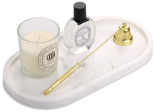 Marmor Tablett Oval Natürliches 30 x 15 cm Badezimmer Deko Marmorplatte für Küche Bad Schminktisch Arbeitsplatte Gewebe Kerzen Handtuch Kaffee Schmuck Pflanze Kosmetiktabletts Schmucktablett Jazz Weiß