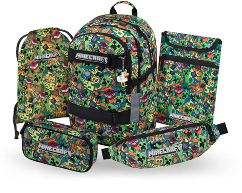 Baagl Schulrucksack Set Jungen 5 Teilig Skateboard 25 l - Minecraft Chaos