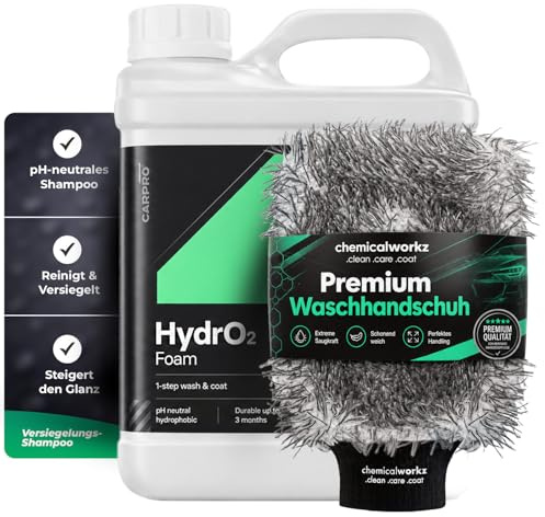 Autowasch Set: CarPro HydrO2Foam Autoshampoo mit Abperleffekt (4L) + chemicalworkz Premium Waschhandschuh Auto | Gründliche & schonende Entfernung hartnäckiger Verschmutzungen, pH-Neutral | 2-tlg.