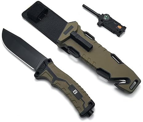 Gdekls Überlebensmesser mit Scharfer Edelstahlklinge, 24,5 cm Outdoor Messer mit Multifunktionsscheide, Kompass & Feuerstahl, Survival Messer für Camping, Wandern, Bushcraft und Jagd (khaki)