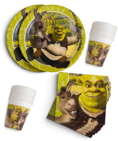 Procos - Shrek Geburtstagsdeko, Partygeschirr Set 52-tlg. | Kindergeburtstag Set mit 16 Papptellern (23 cm), 16 Bechern (200 ml) und 20 Servietten (33x33 cm), Papiergeschirr