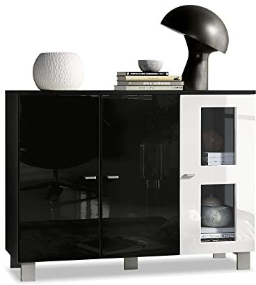 Vladon Sideboard Denjo, Made in Germany, Kommode mit 3 Türen, Schwarz matt/Weiß Hochglanz (107 x 81 x 35 cm)
