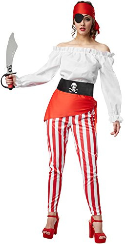 dressforfun Frauenkostüm Freibeuterin der Meere | Langärmelige, schulterfreie Bluse | Gestreifte, knöchellange Hose | Inkl. Kopfband, Augenklappe, Hüfttuch und Gürtel (M | Nr. 301765)