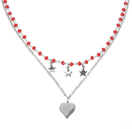 Linea Italia Gioielli - Collana per Donna a 2 Fili in Argento 925 con Cuore, Stelle e Perline Rosse - Made In Italy