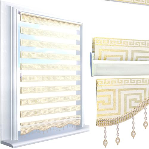 Brillant® Doppelrollo Klemmfix ohne Bohren – Medusa Barock Muster mit Glitzer, Duo-Rollo Blickdicht & transparent, mit Perlenzug, Fensterrollo für Fenster & Türen Gold Beige 80 x 200 cm (B x L)