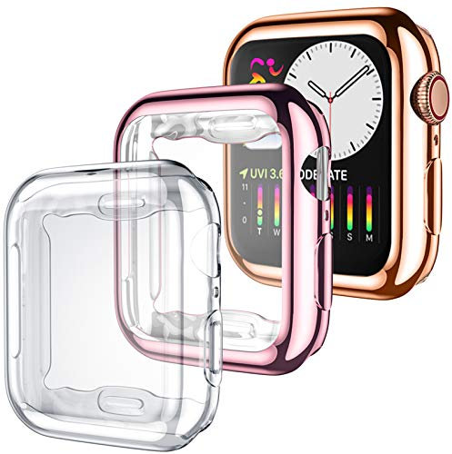 Dirrelo 3 Pack Case Compatible with Apple Watch Series SE 6/5/4 40mm Screen Protector, Full Cover Protective Case Soft TPU Bumper Cover Compatible with iWatch Series SE 6/5/4, Clear/Rose Gold/Pink