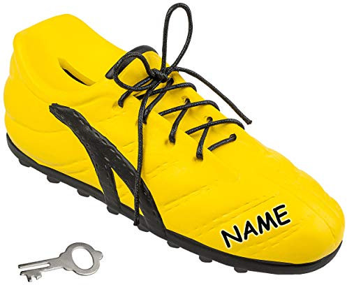 alles-meine.de GmbH 3D Effekt Spardose - Fußballschuh/Schuh - Sportschuh - gelb & schwarz - inkl. Name - mit Schlüssel und Schloss - mit echten Schnürsenkel ! - 23 cm - stabi..