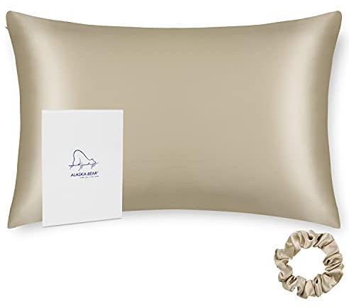ALASKA BEAR 100% 19 Momme Mulberry Silk Pillowcase, 50x75 cm, Both Sides Silk, 600 Thread Count, Hypoallergenic Pillow Sham Cover for Hair Skin Health with Hidden Zipper (1pc, Beige)