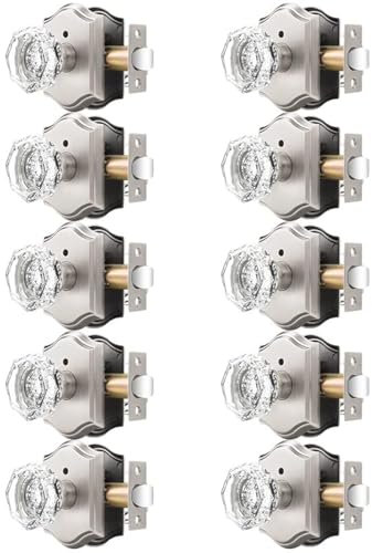 Orger Octagonal Crystal Door Knobs 10 Pack, Interior Privacy Door Handle for Bed/Bathroom with Pin Lock Inside, Satin Nickel Vintage Rosette Door Knob with Heavy Duty Genuine Glass