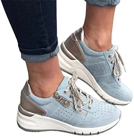 ORANDESIGNE Basket à Talon Compensé Plateforme pour Femme Chaussure de Sport Femme Sneakers Confortable Basket à Lacets Respirante A Bleu Clair 37 EU
