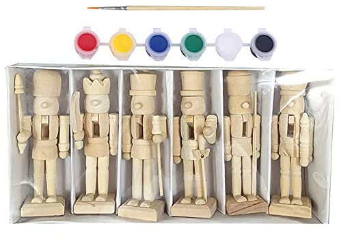 URMAGIC Unpainted Wooden Nutcracker Ornament Set with Paint and Brush, 12cm 6 Pcs Nutcracker Soldier Figurines,DIY Blank Xmas Nutcracker Soldier Statues,Christmas Decoration(With paint set)